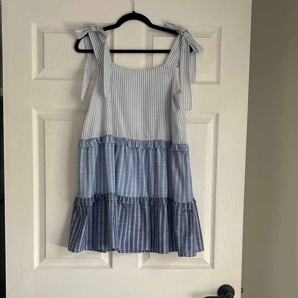 Striped Tiered Tie-Shoulder Sundress in Blue and White